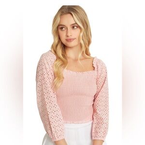 Love Tree Smocked eyelet square neck top pink size large